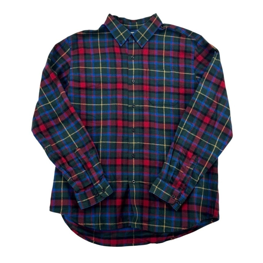 L.L. Bean Flannel Shirt Mens L Green Red Plaid Traditional Fit Excellent Cotton